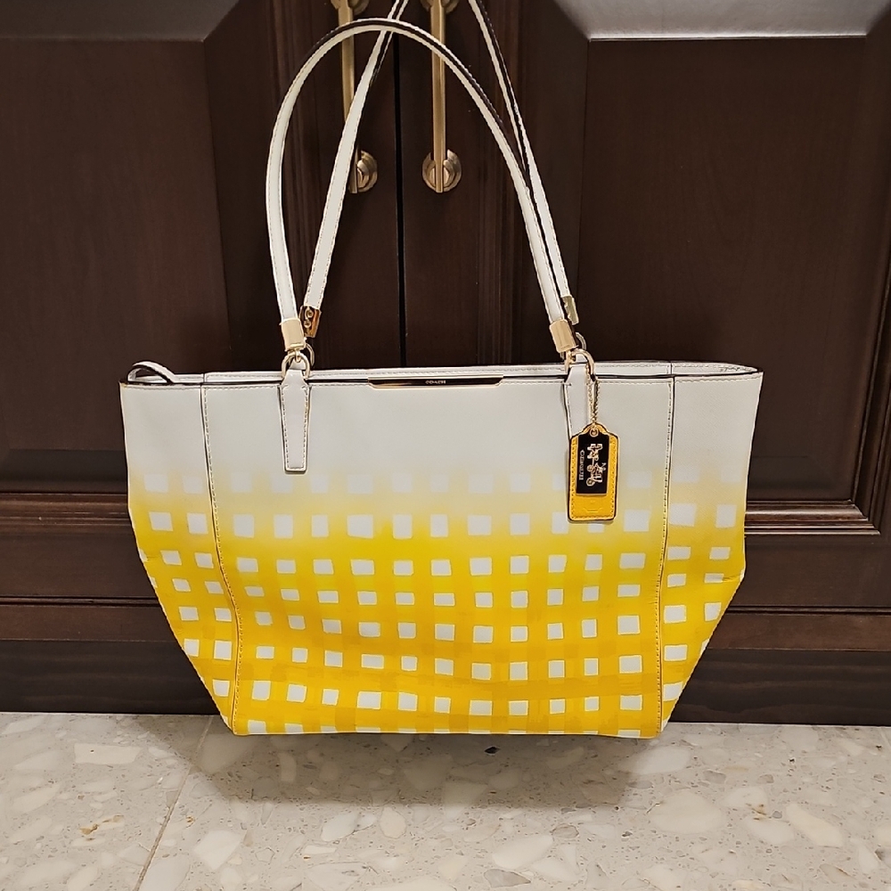 Coach Yellow and White Checkered Tote Bag, Coated Canvas